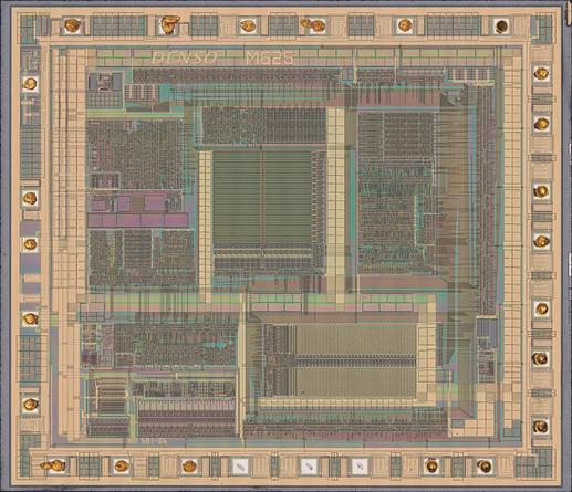 A die panorama of an undocumented Denso MCU. The die is labelled as M625.