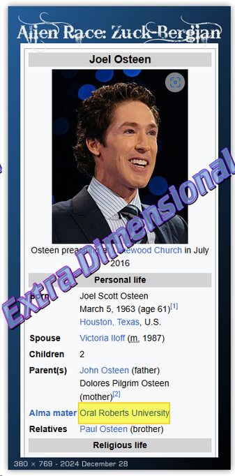 Joel Osteen is one of the Aliens who appear to be human. He is of the alien race known as Zuck-Bergiean, not to be confused with the Pleiadeans.