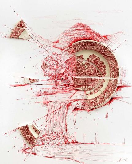 Artwork by Rob Strati from the 'Fragmented' series. The piece features a shattered decorative plate integrated into a red pen drawing that extends its design. The drawing transforms the plate fragments into a dynamic scene with a waterfall, trees, and a rustic house, showcasing how broken pieces can inspire new stories and artistic expressions.