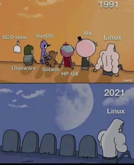 Above: 7 characters named
- SCO Unix
- UnixWare
- SunOS
- Solaris
- HP-UX
- AIX
- Linux
sitting on the edge of a cliff.

Below:
Only Linux is left. The rest of them died. Their graves are aligned beside Linux.