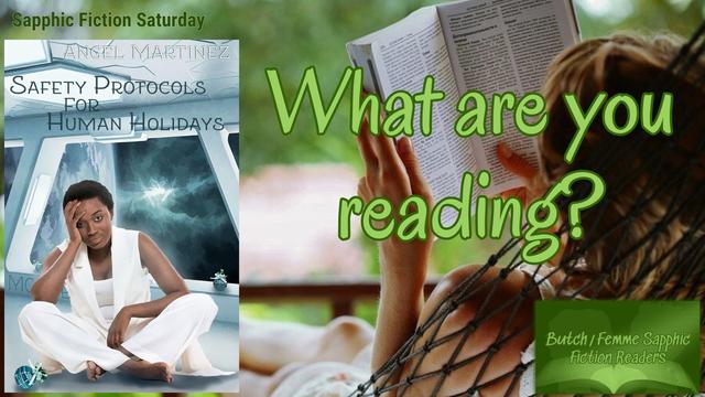 A woman laying outside in a hammock reading next to the cover of Safety Protocols for Human Holidays by Angel Martinez for Sapphic Fiction Saturday.