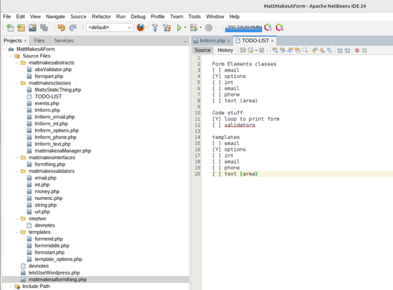 Screenshot of a Netbeans code environment showing a lot of files and a mostly unfishied todo list.
