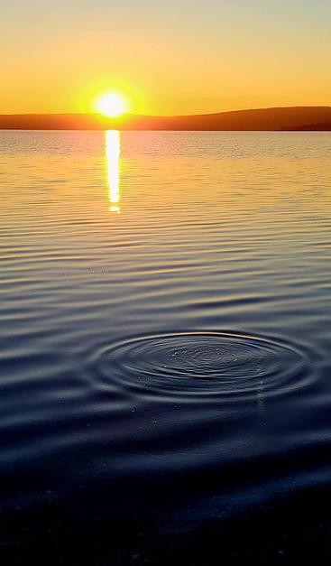 Das Bild zeigt einen ruhigen See bei Sonnenuntergang. Die Sonne geht hinter einer weit entfernten, dunklen Küstenlinie unter und färbt den Himmel in warmen Orangetönen. Die Wasseroberfläche des Sees ist ruhig, mit sanften Wellen, die durch einen kleinen, konzentrischen Kreis unterbrochen werden, der durch einen Steinwurf oder einen ähnlichen Gegenstand verursacht wurde. Die Spiegelung der Sonne ist auf dem Wasser deutlich zu sehen. Das Gesamtbild vermittelt eine ruhige und friedliche Stimmung.
―
