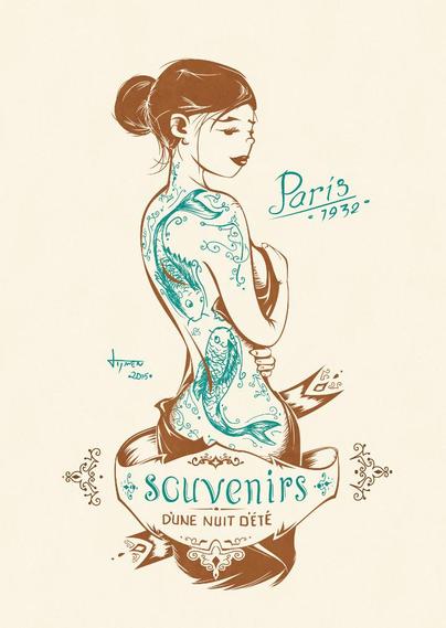 Ilustration of a woman, from the side, with a banner around her waist saying 'souvenirs d'une nuit d'eté, meaning 'memories of a summer night'.
