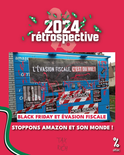 Image d'un locker d'Amazon avec des banderoles "L'évasion fiscale, c'est du vol !" et de la rubalise "Scène de crime d'évasion fiscale"