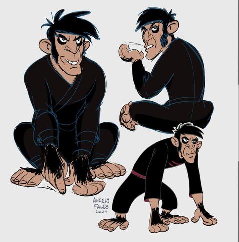 Three digital sketch drawings of Monkey Fist from "Kim Possible"

Top Left: Sitting down on all fours with a furrowed brow smile. Top Right: Looking over his shoulder while holding a teacup. Bottom Right: Idle stance on all fours, like an ape.

Signed, AngeloFalls