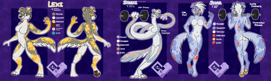 digital art reference of three canine characters named Lexi, Starxi, and Stara. Lexi is a rubber dog with floppy ears who is able to stretch her entire body in any shape/length. Stara is a super dog with super strength and the ability to fly. Starxi is the combination of these two characters and has the stretch ability, along with super strength.
