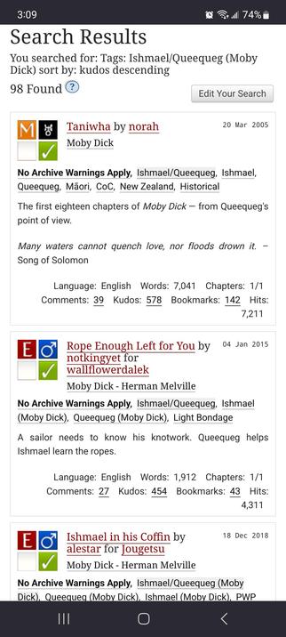 The first few fanfics in an AO3 search results page for "Ishmael/Queequeg" and sorted by kudos.