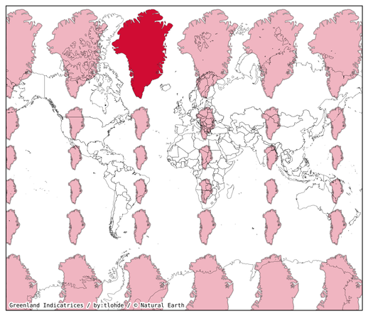 World map in the Mercator Projection. Overlaid are in transparent red are multiple instances of Greenland, scaled according to the projection's distortion, in the same way that Tissot's Indicatrices (usually, circles) are used. The copy of Greenland that is where it should be is in dark red. Credits: 'Greenland Indicatrices / by:tlohde / © Natural Earth'