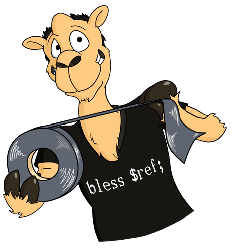 Illustration of a smiling anthropomorphic camel unrolling a roll of duct tape, wearing a shirt with the code "bless $ref;" written on it.
