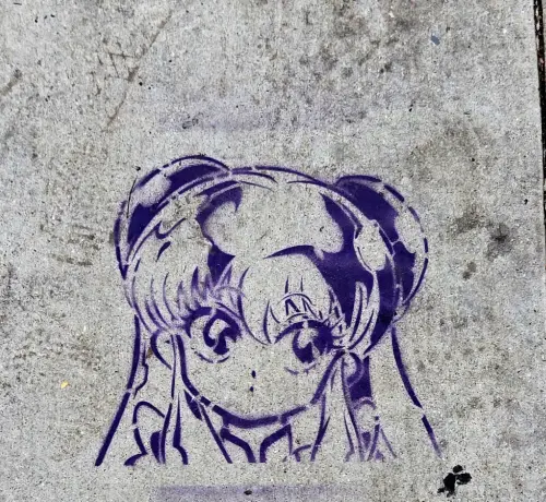 Sidewalk stencil art of the character Shampoo from anime Ranma 1/2
