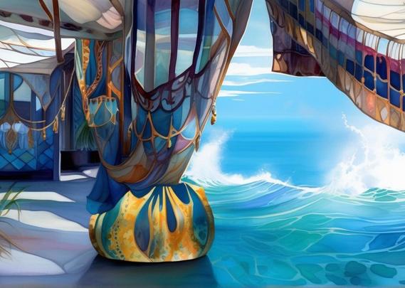 Vibrant and colorful flowing batik-style fabrics, purpose made for a festival, draped near an ocean backdrop, with sunlight highlighting their intricate decorative patterns and the waves in the background.