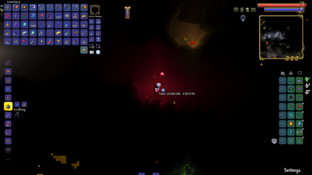A screenshot of the videogame Terraria with Calamity Mod installed. The player is in a marble cave, lit up in red by their light pet. The Skeleton Merchant NPC is present, but their name is "Sans Undertale".