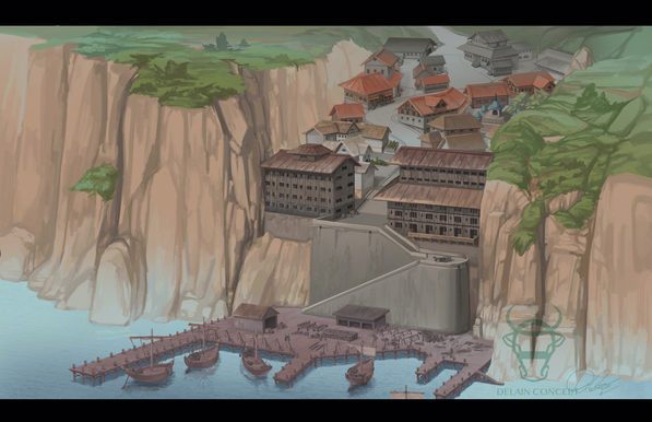 A small village set into a cliff next to the sea. The village is half the height of the cliffs beside it and slope up towards to height of the cliffs. A large stone ramp leads from a pair of tall wooden apartment buildings - that look medieval - down to a wharf where a few boats and fishing paraphernalia litter the decks.