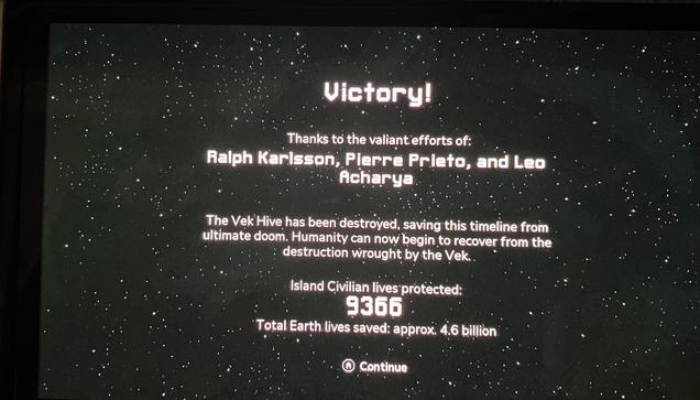 Game won screen for the video game Into the Breach indicating that I saved almost 10k representative humans on the islands, which is ~4.5 billion humans rescued from the kaiju menace.