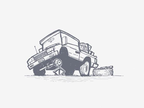 Illustration of a pickup truck jacked up with the front wheel taken off. This may or may not be a metaphor for how I feel about making art these days.