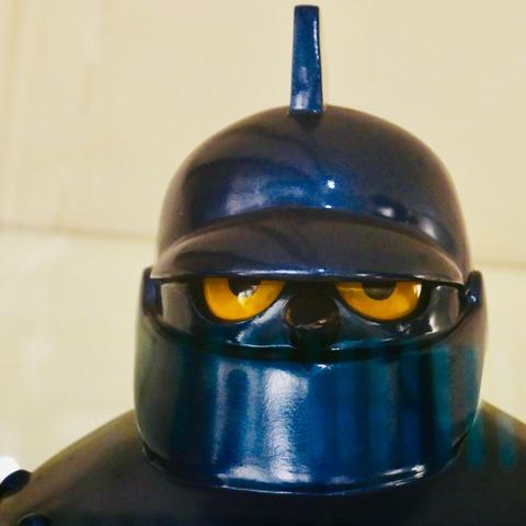 Photo of a the head of a model of the robot Gigantor. His metal face is blue with piercing yellow eyes.

Gigantor was a 1960s japa