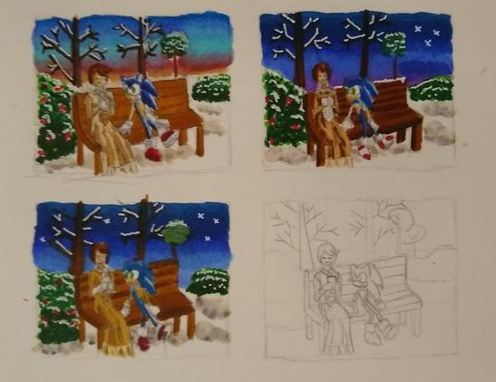 Assortment of thumbnails colored with markers and gel pens, showing Sonic and Princess Elise sitting on a bench against a gradient sky. The most noticable difference is the color of the sky, and the first iteration takes place at dawn, the second takes place at twilight, and the third takes place at twilight with a slight purple gradient at the bottom. The final thumbnail remains uncolored.