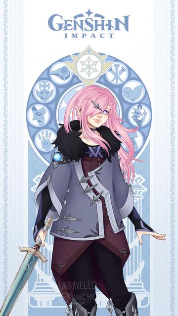 Text reads "Genshin Impact." Image features a pink haired anime enby as a Genshin Impact OC dressed in a loose jacket of blue over a red inner jacket and wearing dark blue and black clothes underneath. They have a cyro vision and a metal person like object motif. They hold a silver sword.