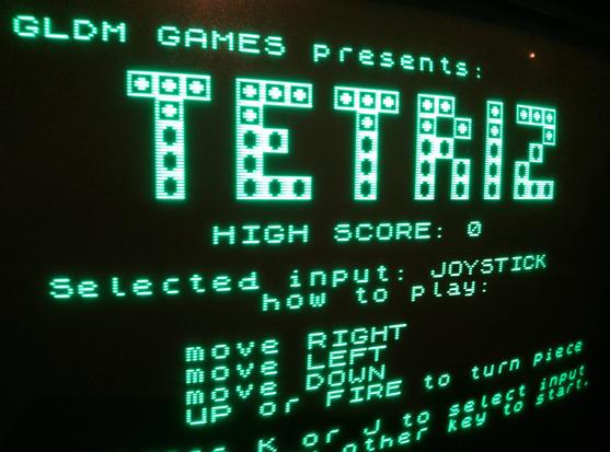 Title screen of a Tetris game running on the Jupiter Ace clone computer. It is displaying on my green screen CRT monitor.