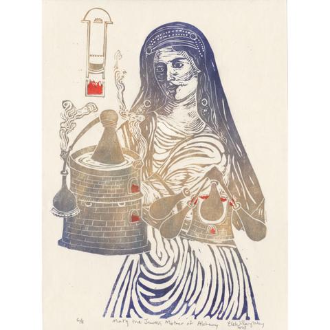 My linocut portrait ‘Mary the Jewess, Mother of Alchemy’ with 3 devices attributed to her: the bain-marie (essentially a double boiler, shown as a large round brick furnace complete with orange flames, water bath and vessels), the kerotakis (which allowed one to heat items while collecting vapors, shown as a diagram with tube, with orange flames, below a heated substance, grill and a dome on top) and the tribikos (a kind of alembic with three arms that was used to obtain substances purified by distillation, here like a smaller bain-marie complete with orange flames in furnace, heated vessel and 3 arms to 3 alembics). Mary herself is printed in a gradient of purple to bronze to purple (top to bottom) on ivory paper. She is a Hellenistic Jew, dressed in a draped Classical style dress and wears a veil over her long hair. Her clothing was the frescos of the Dura-Europos synagogue built in Syria in 244 CE.