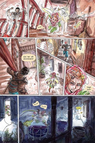 A comic page done with watercolour that shows an indoor chase scene in a fantasy setting. A girl is running away from guards. She's being guided through an empty looking house by small birds