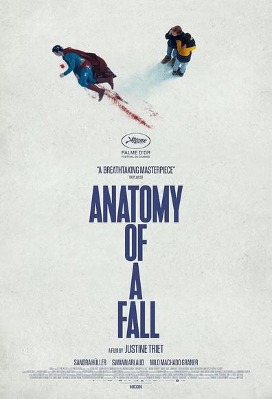 The poster of the movie Anatomy of a fall. The two characters are not looking at the husband after his deadly fall on the snow. They're watching Superman bleeding in the yamcha pose. An image from the trailer of The James Gunn movie