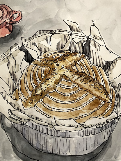 Pen and watercolour drawing - bread
