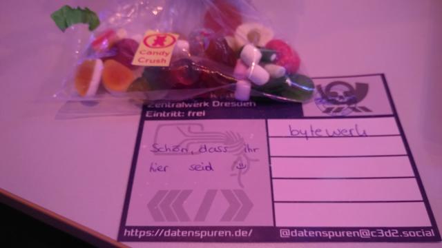 C3Postcard with some candy attached to it. It is addressed to "bytewerk" and expresses happyness over the existence of bytewerk.
"Schön, dass ihr da seid 🙂"