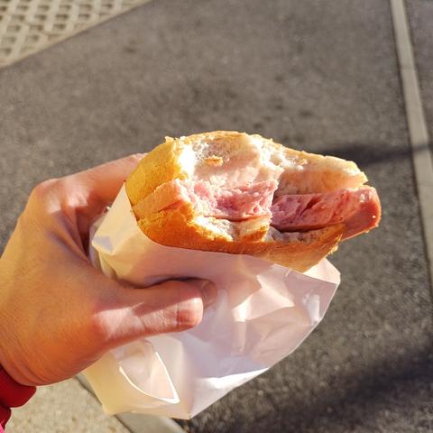 My hand, holding my lunch: a Leberkäsesemmel.