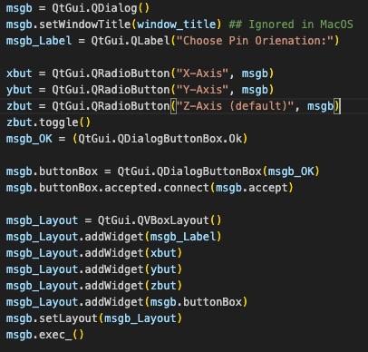 The image shows a snippet of Python code utilizing the PyQt library to create a dialog with radio buttons for selecting pin orientation along the X, Y, or Z axes, along with a button to accept the selection.