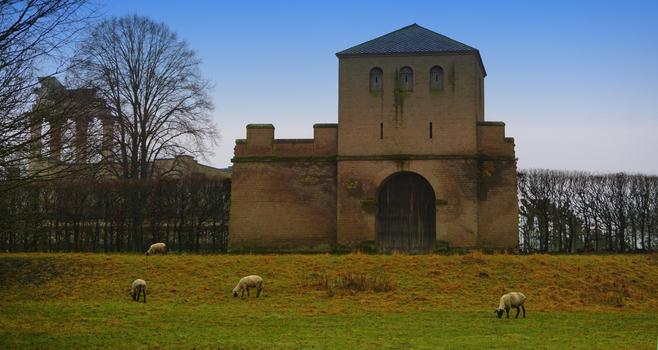 Blick auf einen Wehrturm des archäologischen Park Xanten. Im Vordergrund einige Schafe auf einer Wiese.