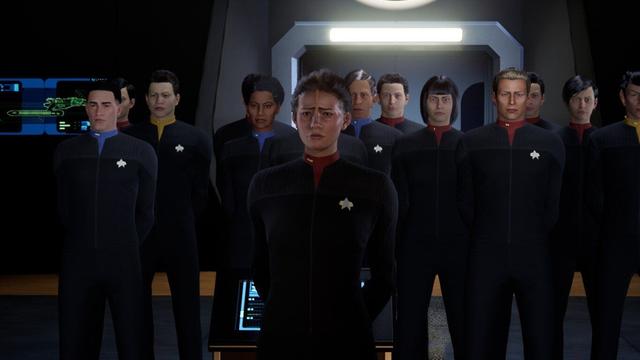 Ein Screenshot aus dem Spiel. Man sieht den Großteil der Starfleet Charaktere im Shuttlehangar der USS Resolute  versammelt. Jara Rydek ist ganz vorne zu erkennen, wie sie mit traurigen Blick in die Kamera schaut.