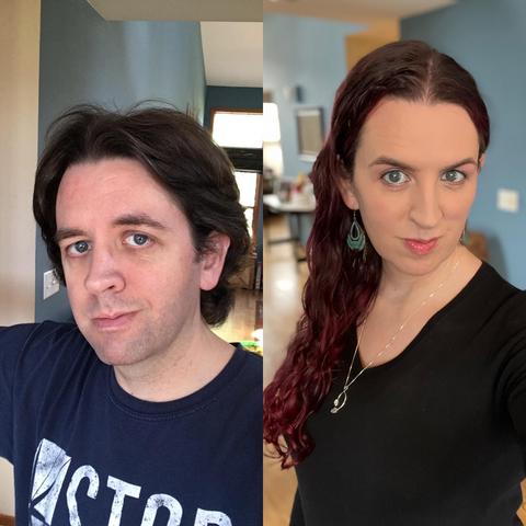 Left: A man with short, dark brown hair and a clean-shaven face, wearing a navy blue t-shirt.
Right: A woman with long, wavy, dark red hair, makeup, teal earrings, and a black top with a silver necklace.