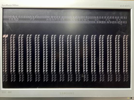 The EP8000 has TV and Composite out. Here's a pic of a terrible TV picture showing the edit mode screen, with a status line across the top showing what mode the programmer is in, plus cell location. It's a bit like Lotus123 but for EPROMs. There's also a 256 byte display of FF bytes waiting to be edited and burnt to an EPROM.