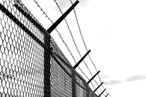 The photo shows a tall wire fence topped with several strands of barbed wire against a pale grey sky.