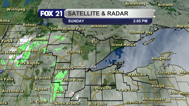 The satellite and radar over the Northland just after 2 p.m. on Sunday, December 29, 2024, shows most areas under cloud cover, with some possible drizzle falling from the low-level clouds.  Some breaks in the cloud cover are being observed in northwest Wisconsin and the Arrowhead regions.