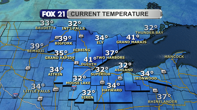 Temperatures in the Northland around 2 p.m. on December 29, 2024, range from 32 to 41 degrees.