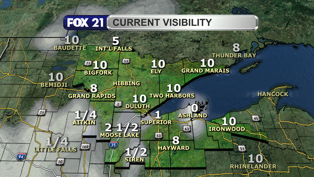 Areas in the Northland were visibility is reduced as of around 2 p.m. on December 29, 2024, include the I-35 corridor, parts of the Twin Ports, and northwest Wisconsin.  Some spots such as Aitkin and Siren are below one-mile of visibility.
