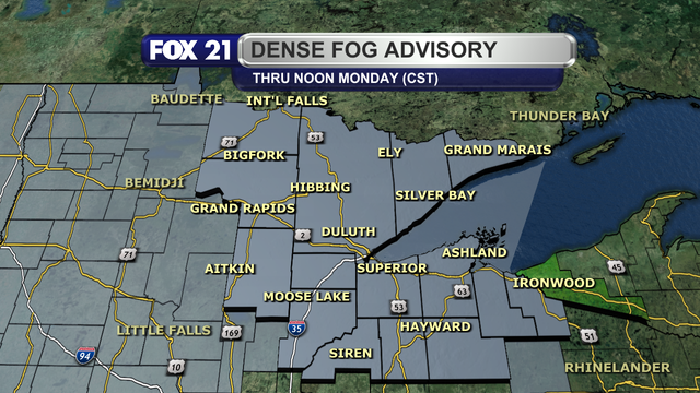 A Dense Fog Advisory is in effect for nearly all of the Northland, minus the Upper Peninsula, through noon of Monday, December 30, 2024.  Visibility will be below one-quarter of a mile at times throughout the region.