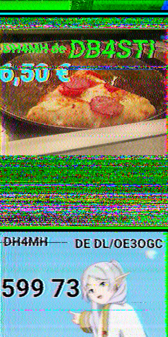 SSTV QSO between DH4MH and (DL/)OE3OGC

DH4MH is sending a picture of a pizza costing €6.50

OE3OGC replies with a signal report and a drawing  of an anime character