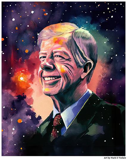 Digital art depicting a portrait of former President Jimmy Carter smiling broadly against a colorful celestial backdrop.