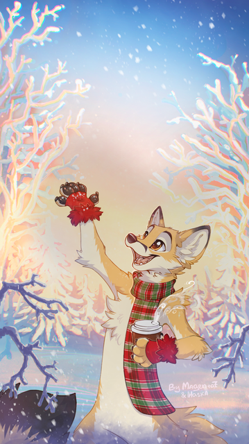 Anthro swift fox walking through a winter scene, smiling and gesturing upward at the falling snow. There's snow on all the tree branches. He's holding a cup of coffee and wears red furry gloves over his paws and a red and green plaid scarf.