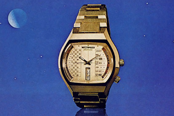 1976 Vintage Watch Advertisement with Lunar Background