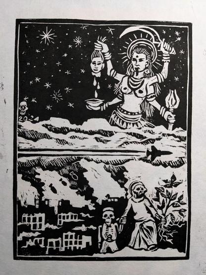 a rough linoleum block print of woman and child Palestinian skeletons walking away from a city bombed to rubble, holding an uprooted plant.  Behind them a plane has dropped more bombs.  The scene is presided over by Hindu goddess Kali, her four arms holding a scepter, a curved sword, a man's head dripping blood, and a cup receiving the blood.  CC-BY-NC-SA