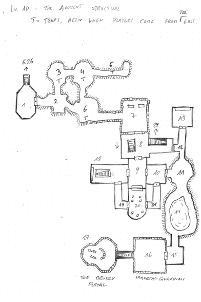 Handgezeichnete Karte eines Old School Dungeons. Die Karte trägt den Titel "Alte Struktur" und hat einige Höhlen neben einigen Räumen und Treppen.