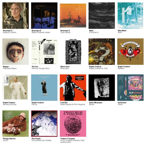 Collage des pochettes des albums de Dominique A (Quelques Lumières), Dominique A (Reflets Du Monde Lointain), Dominique A (Toute Latitude), Astrïd (A Porthole (I)), Baby Whale (Démo), Bégayer (Préambules Bègues), The Cure (Faith and 'Carnage Visors'), Dhana Jeera (Dhana Jeera), Brigitte Fontaine (Brigitte Fontaine Est...Folle), Brigitte Fontaine (Kékéland), Brigitte Fontaine (Morceaux De Choix), Brigitte Fontaine (Pick Up), Froid Dub (Bande Originale Du Film Fotogenico), Golem Mecanique (Moloch), Icy Demons (Smiles), Philippe Katerine (Zouzou), Rien Virgule (La Consolation Des Violettes), Tristwch Y Fenywod (Yn Fyw Yn Wharf Chambers 12fed Gorffenaf 2022 [LP])
