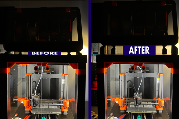 Two views of a dry box sitting on top of an IKEA LACK based printer enclosure.  The left one is labeled BEFORE.  There, the dry box is about 20 millimeters above the enclosure lid.  The right one is labeled AFTER, and the box is 62 millimeters above the lid.