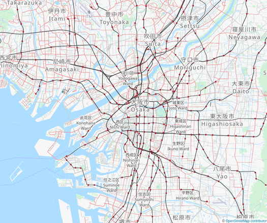 Die ÖPNV-Karte von Osaka und angrenzenden Regionen zeigt ein dichtes Netz an Bahn- und Busverbindungen