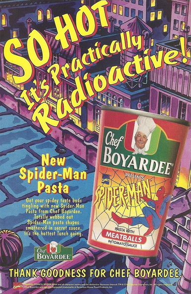 Spider-Man swings over a city while advertising a can of Chef Boyardee pasta
